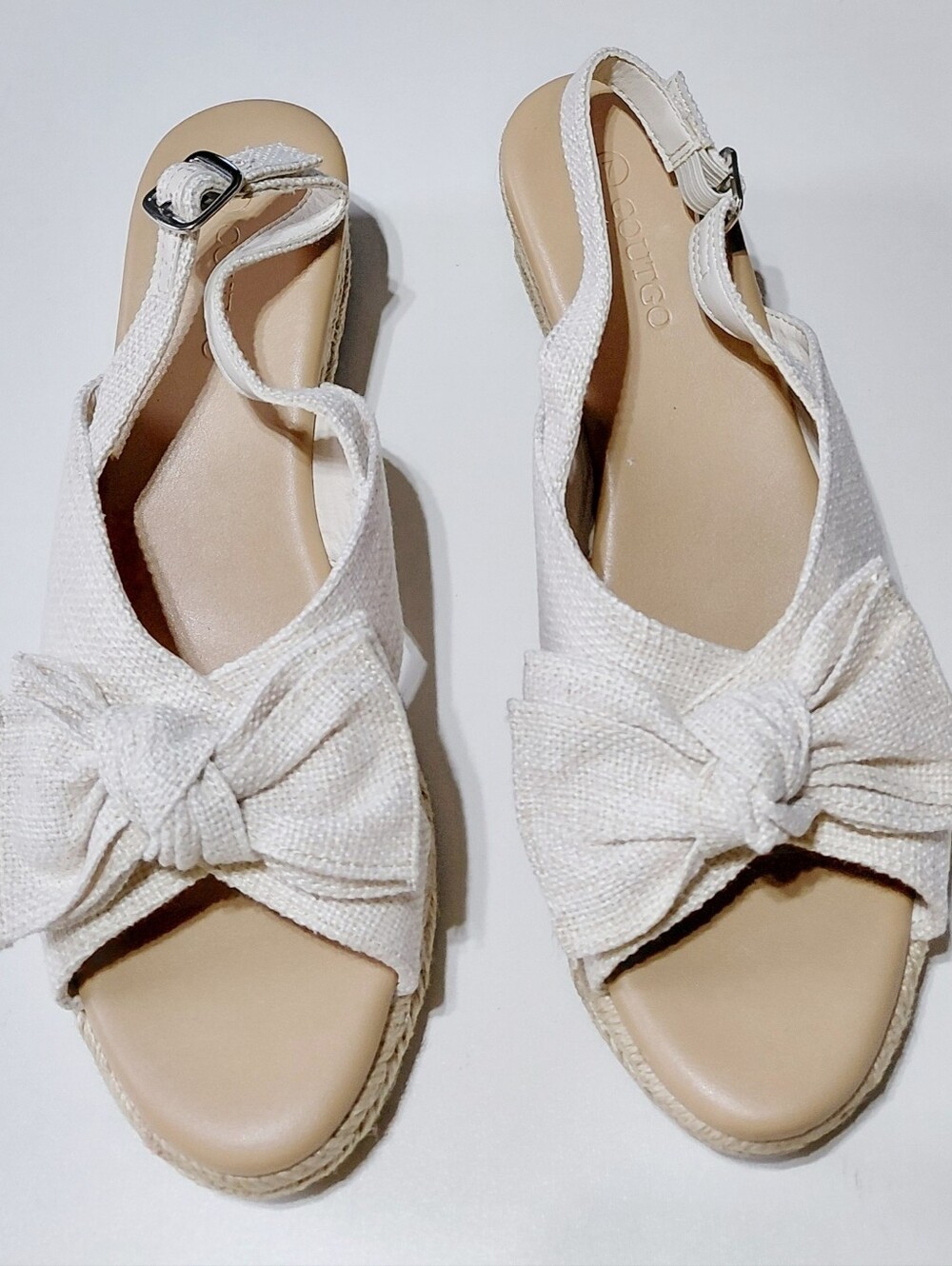 COUTGO Women’s Beige  Espadrille Wedge Open Toe  Knot Front Sandals Size 7